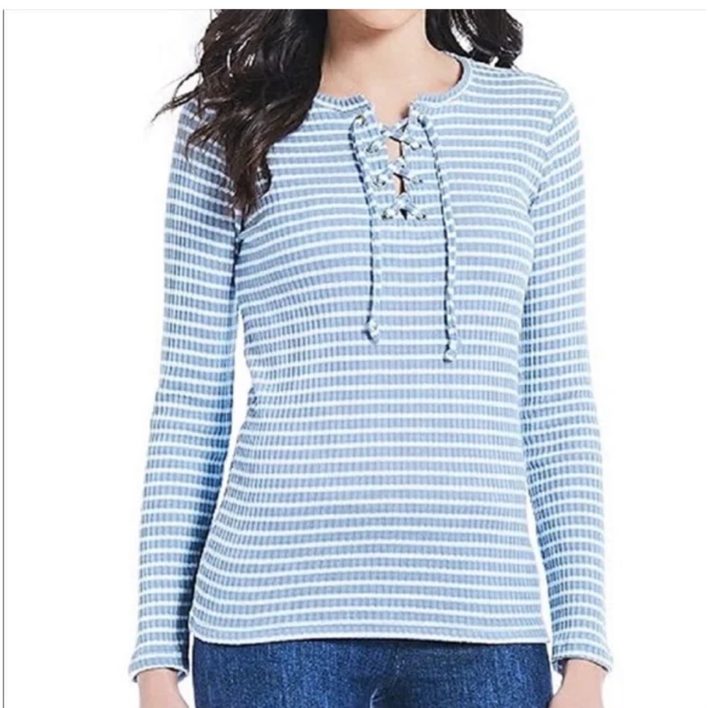MICHEAL Michael Kors NWT Chain Lace-Up Striped Ribbed Knit Top